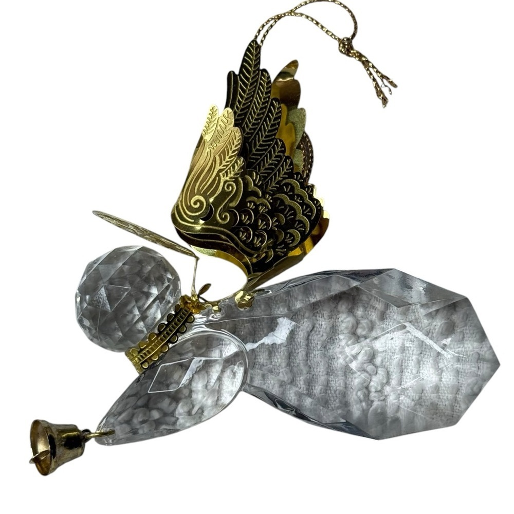 Faceted‎ Clear Crystal Angel Ornament with Gold Filigree Wings and Bell 3 Inch